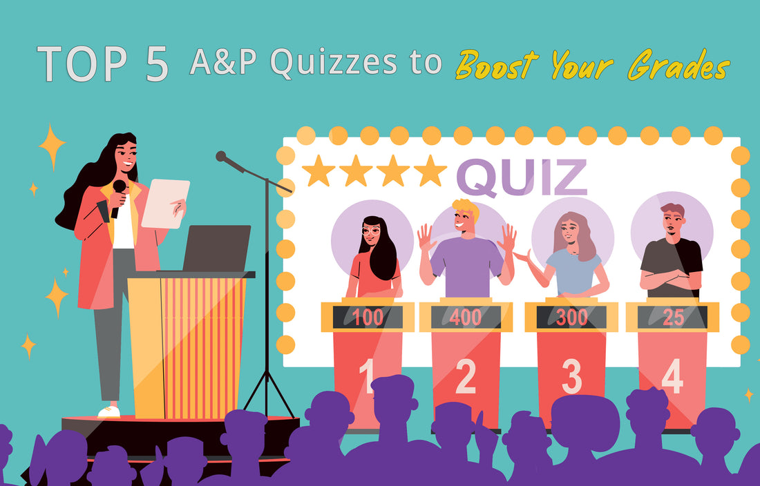 Anatomy and Physiology quizzes gameshow scene with host and contestants, featuring text 'Top 5 A&P Quizzes to Boost Your Grades' for nursing students.