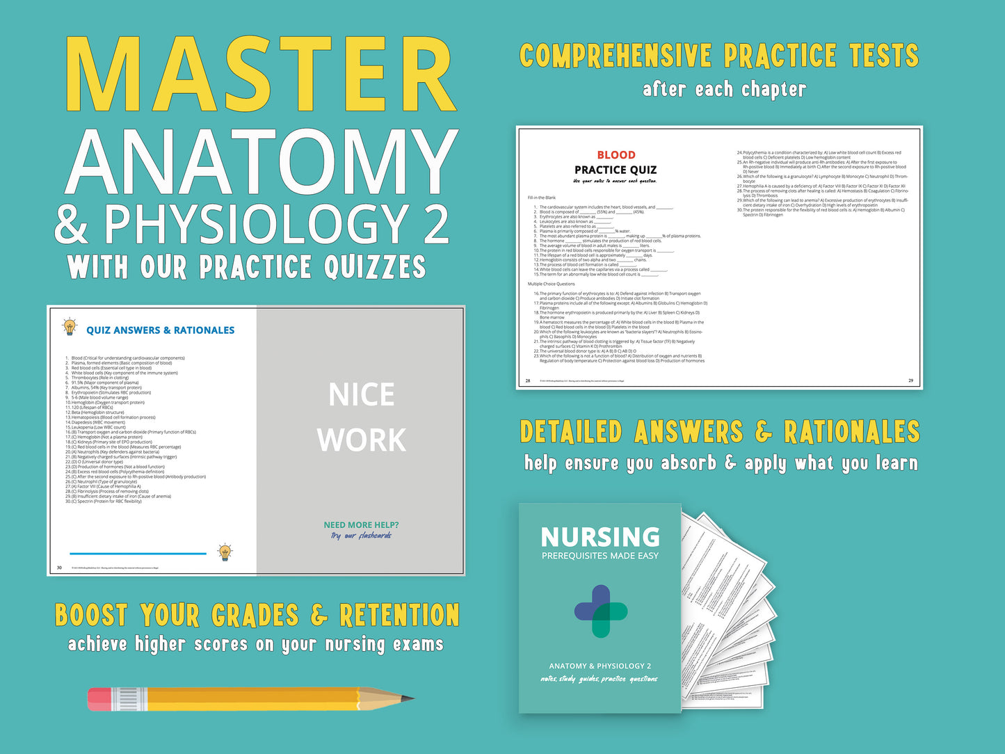 Example practice questions with answers and rationales from the Anatomy and Physiology 2 Study Guide book, displayed next to the actual book. Study aids for nursing school prerequisites featuring anatomy notes  and a&p practice questions.