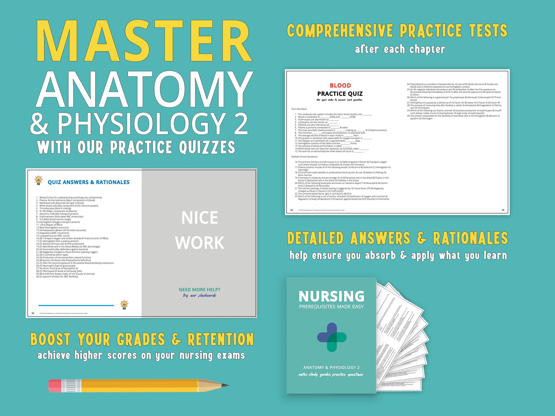 Example practice questions with answers and rationales from the Anatomy and Physiology 2 Study Guide book, displayed next to the actual book. Study aids for nursing school prerequisites featuring anatomy notes  and a&p practice questions.