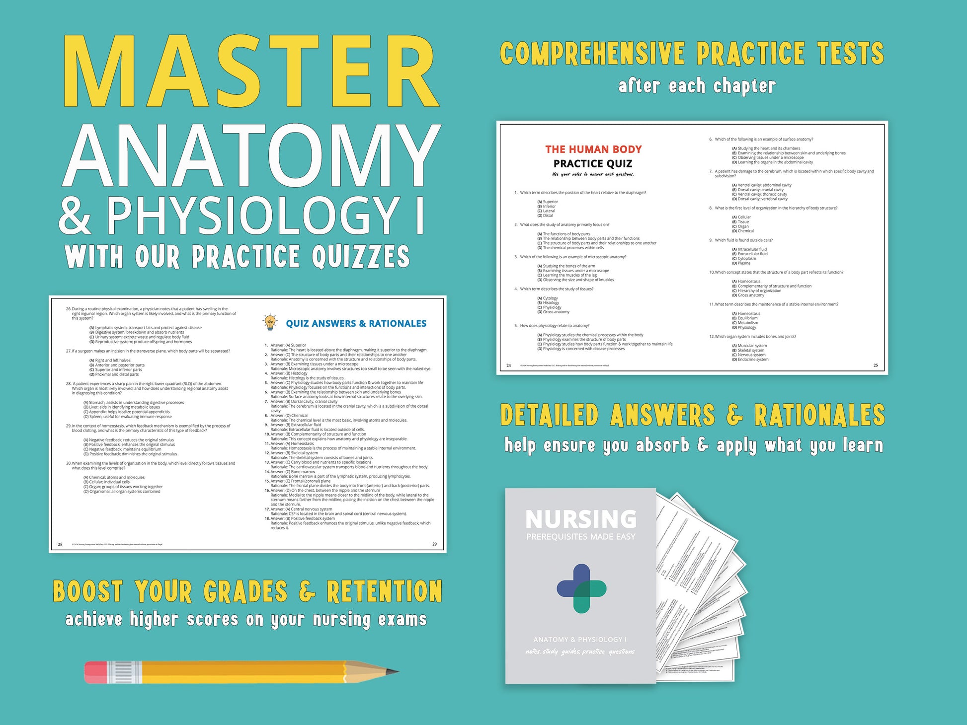 Example practice questions with answers and rationales from the Anatomy and Physiology Study Guide book, displayed next to the actual book. Comprehensive study aids for nursing school prerequisites featuring detailed notes, diagrams, and practice questions.