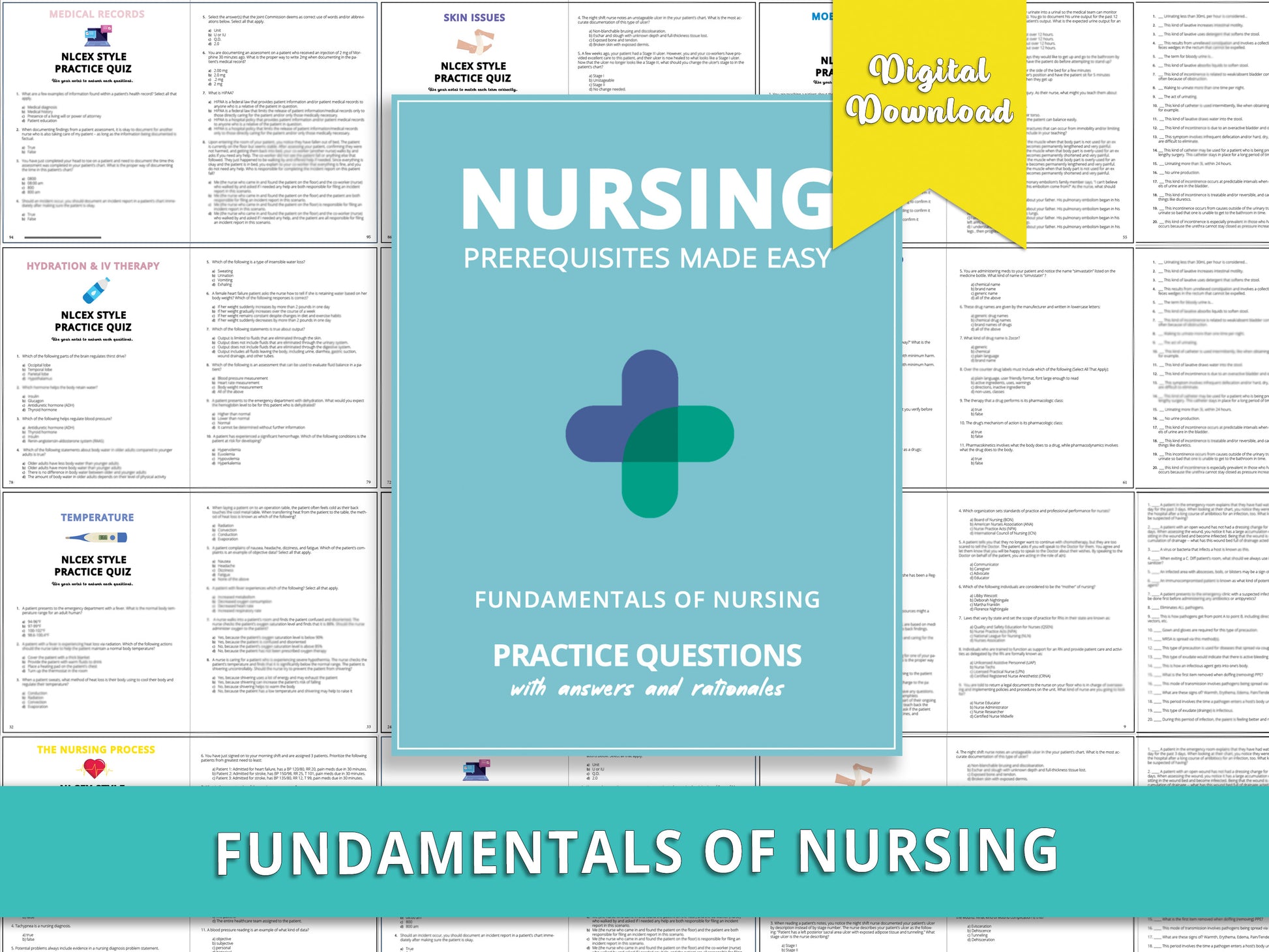 Fundamentals of Nursing book displayed on top of examples of practice questions from within the book, with 'fundamentals of nursing' at the bottom of the screen. Comprehensive study guide featuring detailed notes, practice questions, and study aids for nursing students.