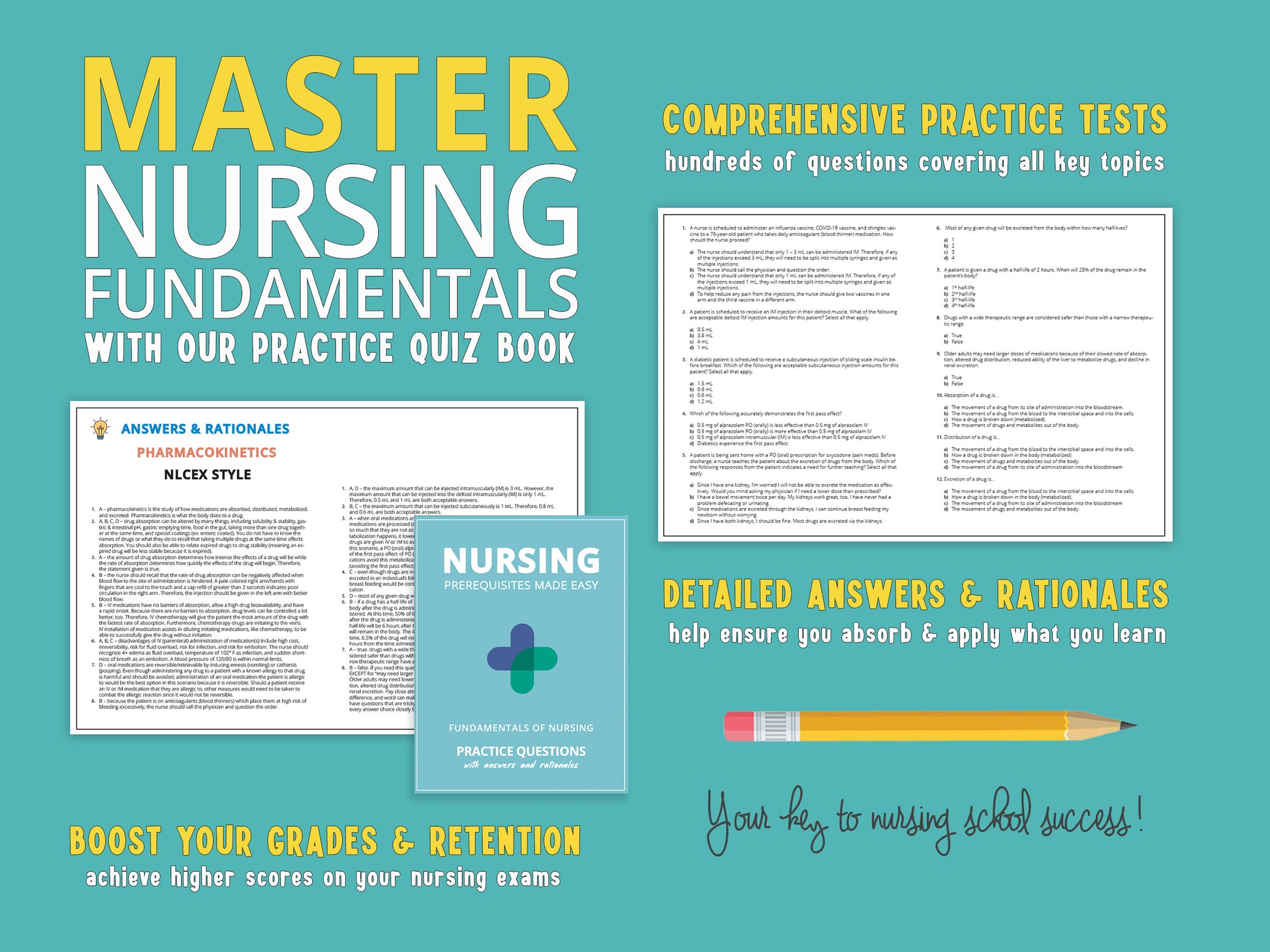 Fundamentals of Nursing Study Guide book displayed with an example of a practice quiz, including answers and rationale. Comprehensive study aid featuring detailed chapters, essential nursing concepts, and practice questions for nursing students.