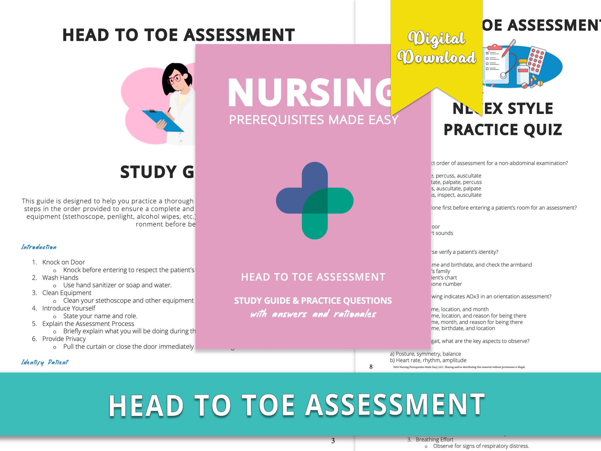 Head to toe assessment  study guide book displayed over sample health assessment notes and practice questions for nursing students. Comprehensive study aids including detailed notes and practice questions for nursing school.