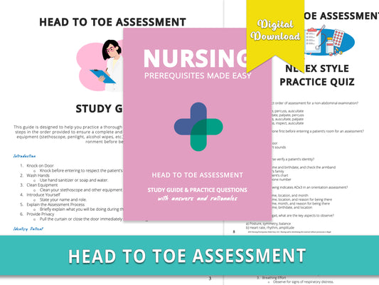 Head to toe assessment  study guide book displayed over sample health assessment notes and practice questions for nursing students. Comprehensive study aids including detailed notes and practice questions for nursing school.