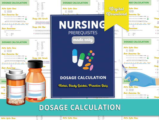 Dosage Calculation for Nursing Students book displayed on top of example pages from inside the book. Comprehensive guide that teaches dosage calculations and tests knowledge with practice questions. Essential study aid for nursing students.