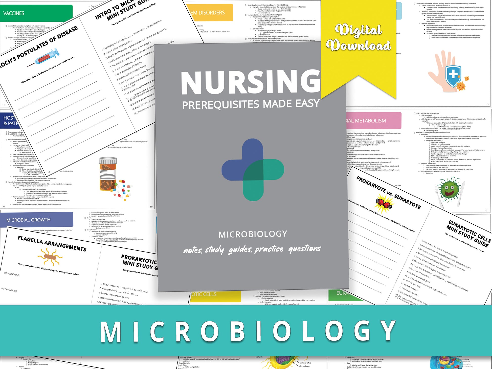 Microbiology Study Guide book displayed over sample microbiology notes from each chapter. Comprehensive study aids including detailed notes, diagrams, and microbiology practice questions for nursing school prerequisites.