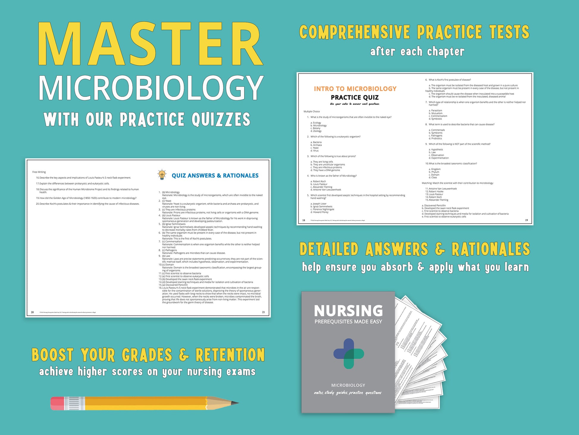 Example microbiology practice questions with answers and rationales from the microbiology study guide book displayed next to the actual book. Study aids for nursing school prerequisites featuring microbiology notes and practice questions.