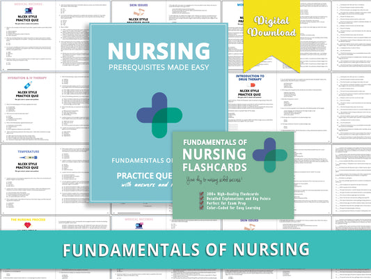 Fundamentals of Nursing study guide book displayed beside Nursing Fundamentals flashcards with examples of fundamentals practice questions from the book in the background. Study aids for nursing students for nursing school and NCLEX exam preparation.