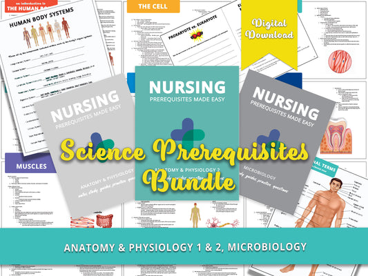 Anatomy and Physiology study guide books and flashcards and Microbiology study guide book displayed over sample notes from each chapter. Study aids including detailed a&p and microbiology notes and practice questions for nursing school prerequisites.