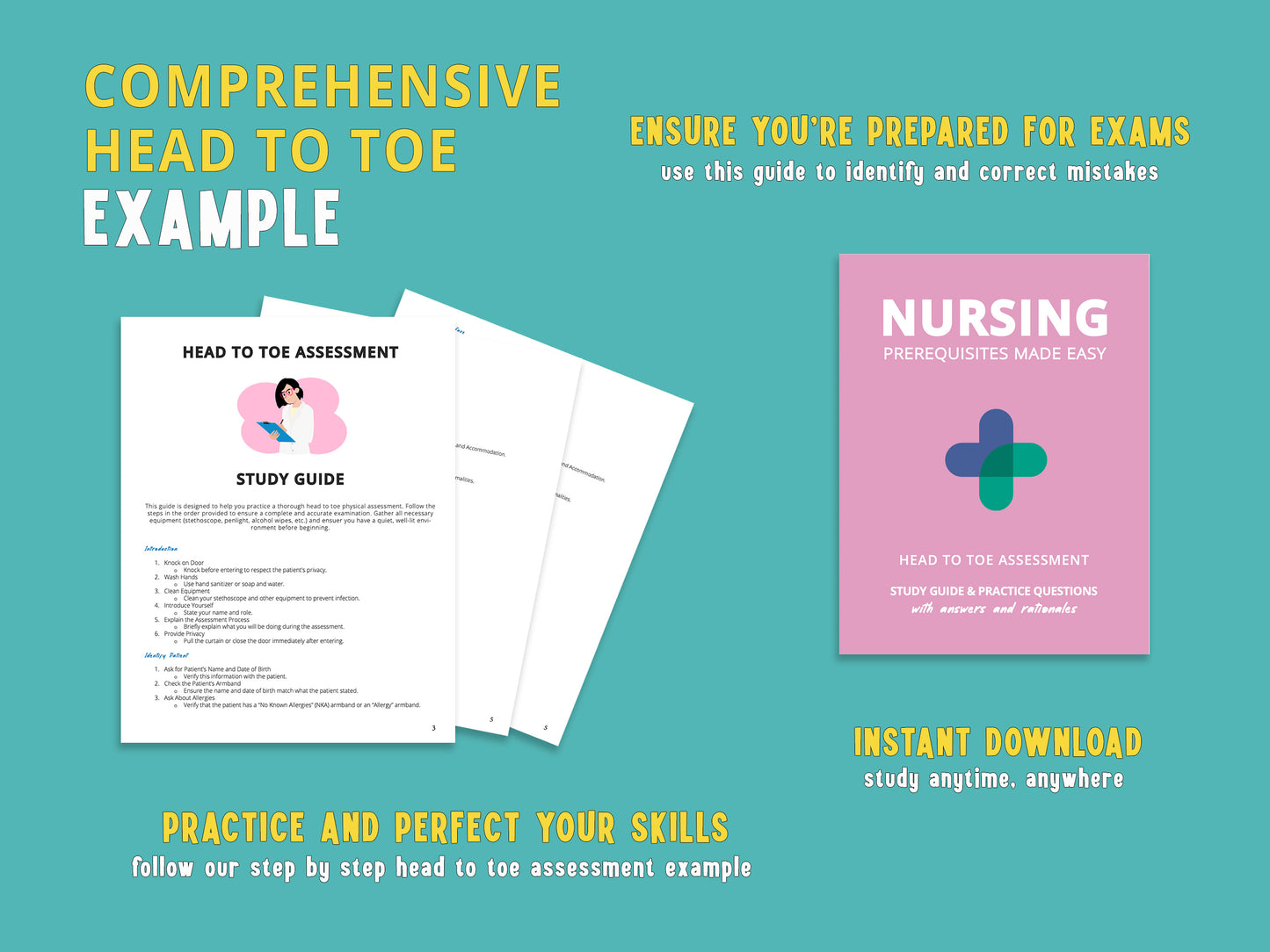 Example page from a chapter in the head to toe assessment study guide displayed next to the actual book. Health assessment study aids featuring detailed nursing notes and practice questions for nursing students.