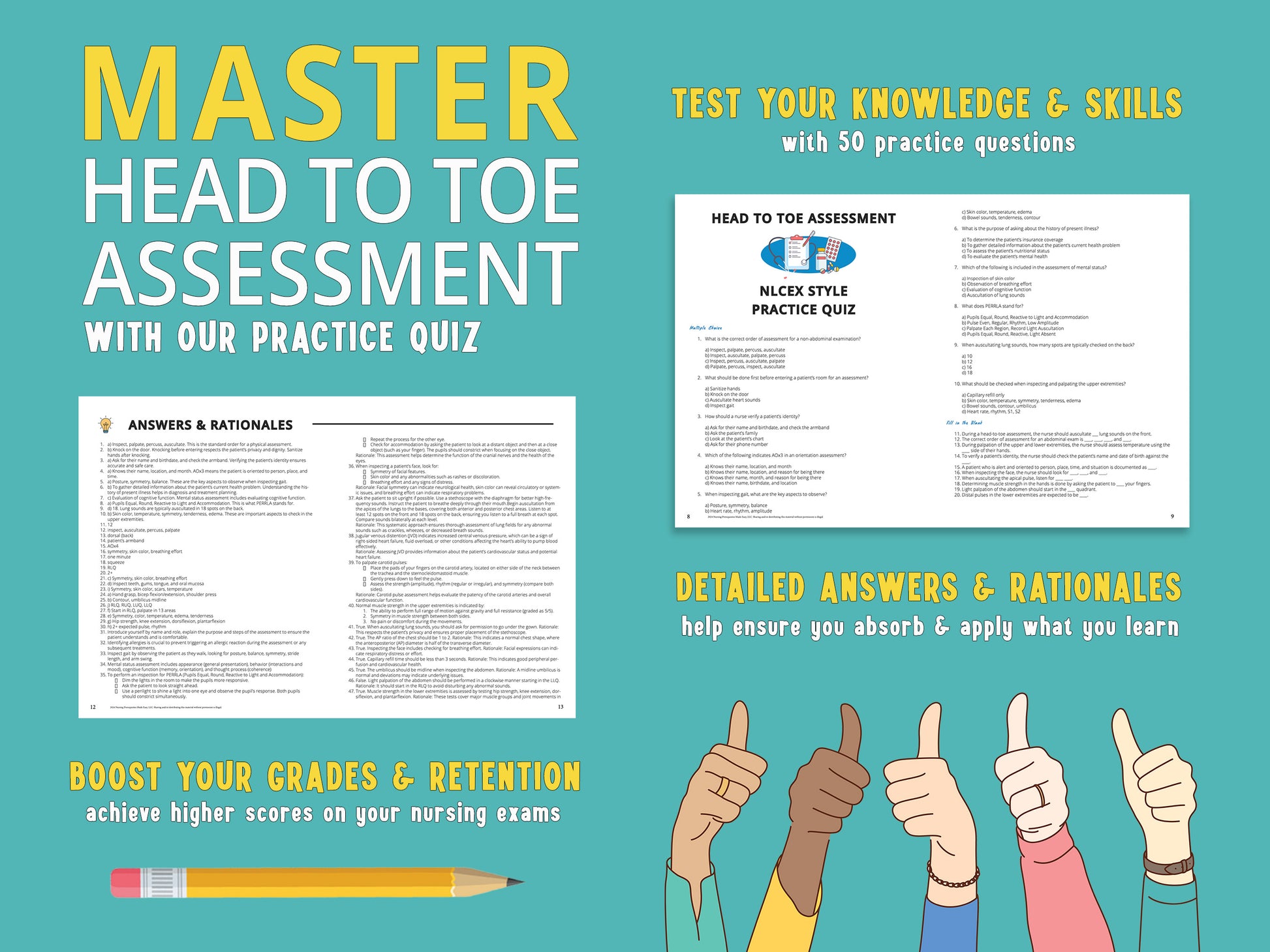 Example practice questions with answers and rationales from the head to toe nursing assessment study guide book, displayed next to the actual book. Study aids for nursing school and nursing students featuring health assessment practice questions.