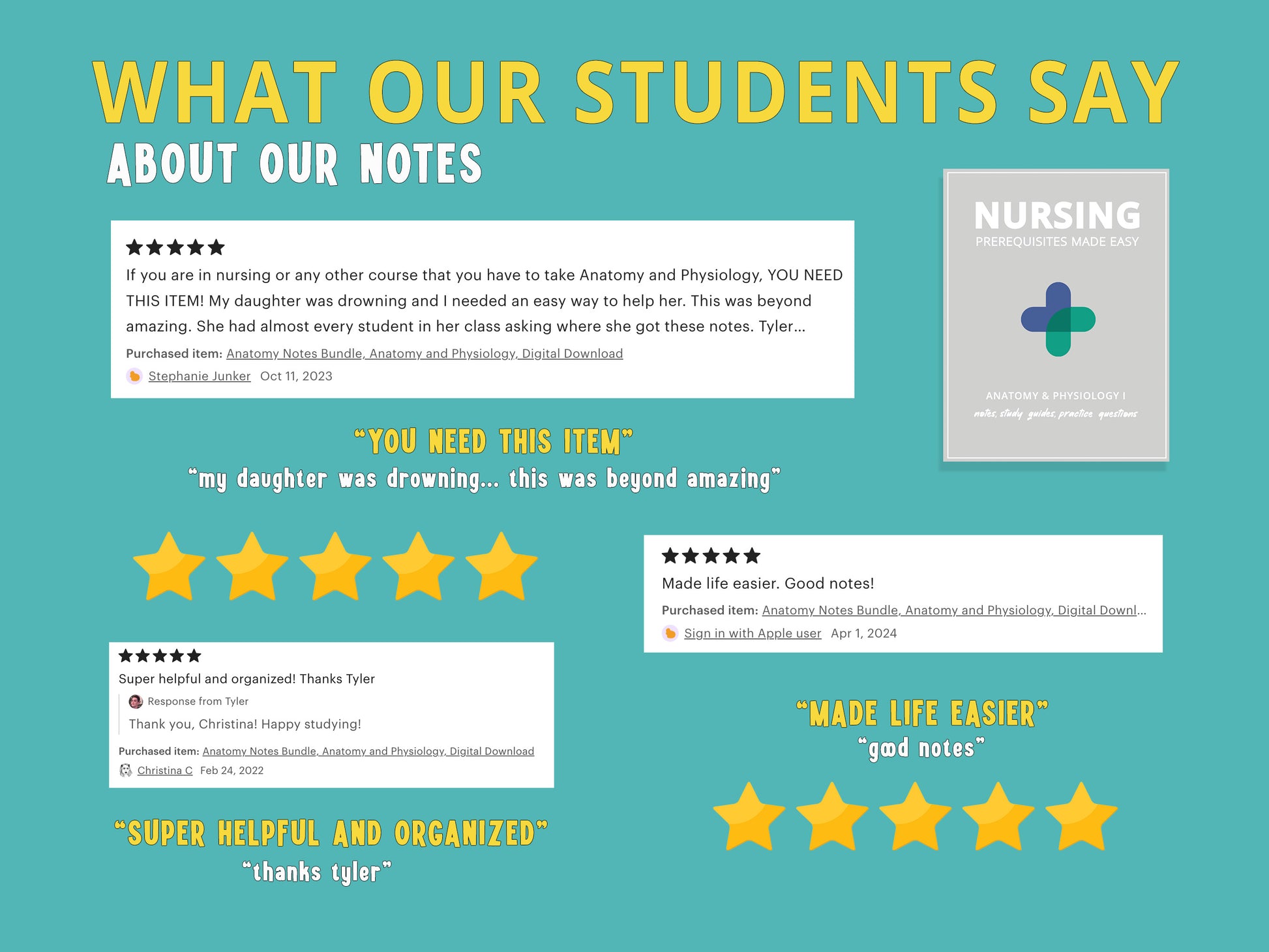 Promotional image featuring student reviews for the Anatomy and Physiology notes bundle. The image includes positive testimonials from students praising the clarity, organization, and helpfulness of the digital anatomy & physiology notes.